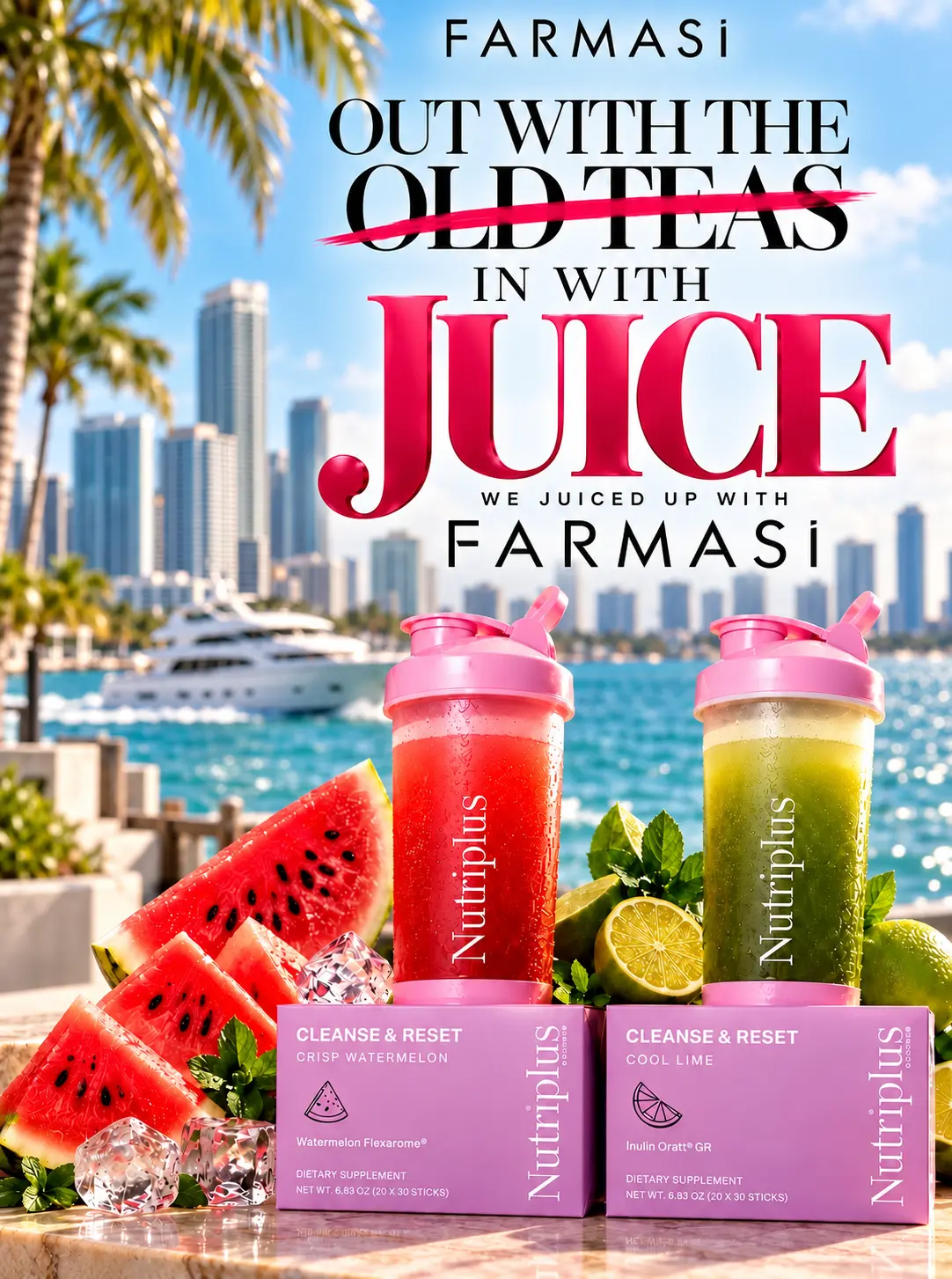 No Stomach in Your Lap campaign poster — Miami waterfront with belly juice drinks